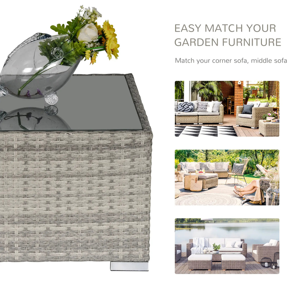 Rattan Garden Coffee Table, 25.6" Square, Tempered Glass Top, Grey Patio Side Tables at Gallery Canada