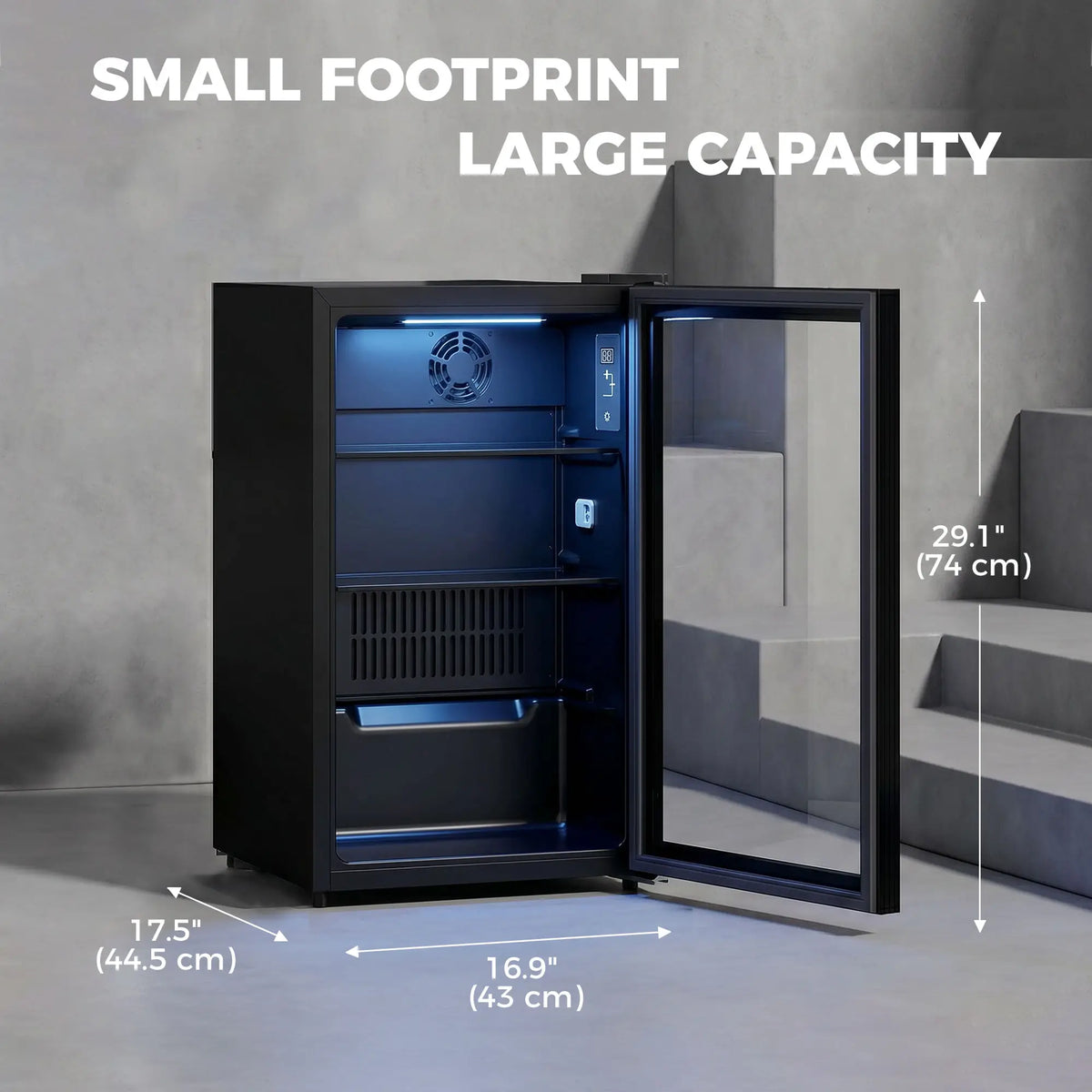 2.1 Cu.Ft Beverage Fridge, 85 Can, Glass Door, Auto-Defrost, LED, Black Small Kitchen Appliances at Gallery Canada