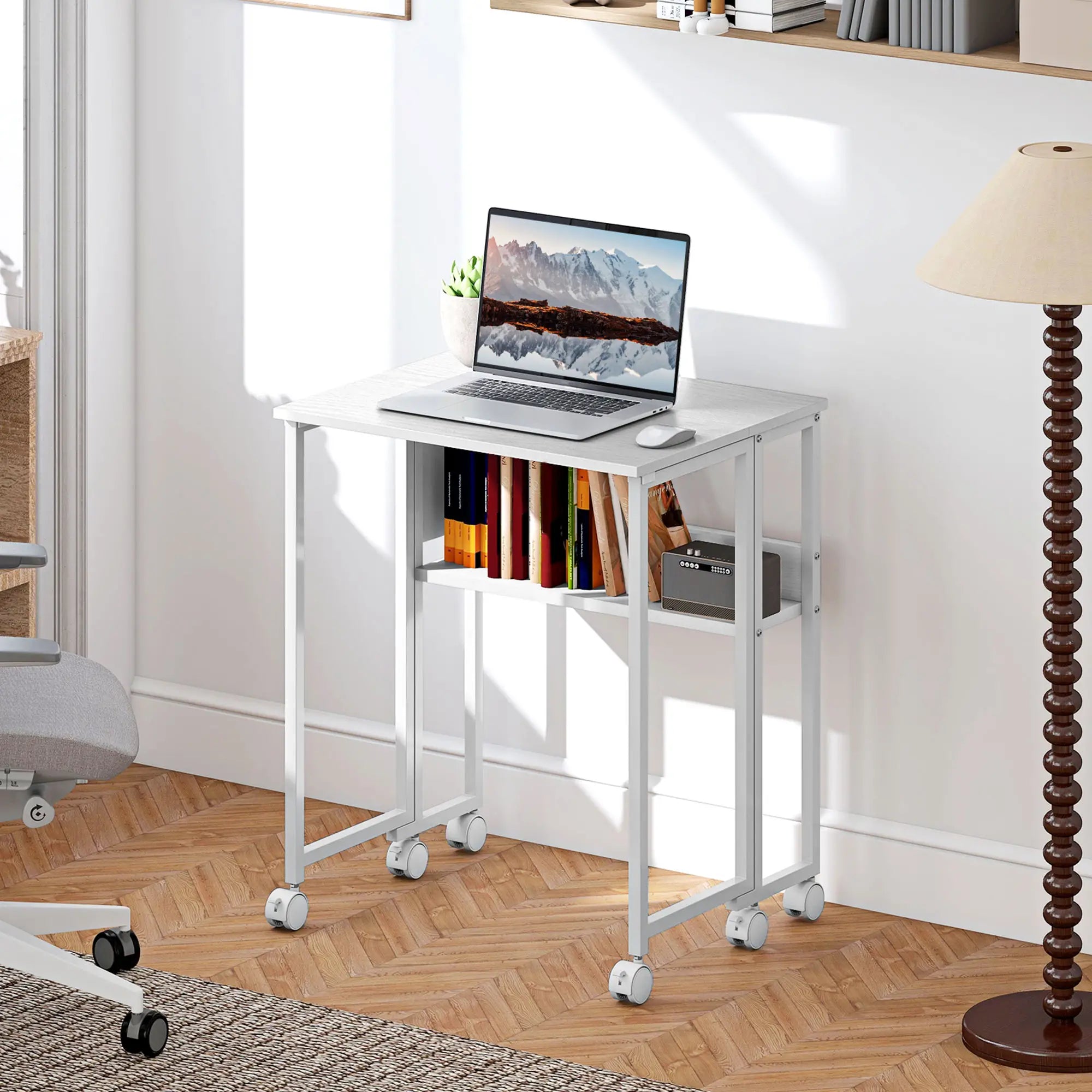 Folding Computer Desk with Storage Bag Shelf and Wheels White, White Writing Desks at Gallery Canada