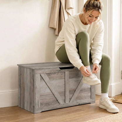31.5" Storage Chest with Safety Hinge, Grey Wood Grain, Grey Storage Cabinets at Gallery Canada
