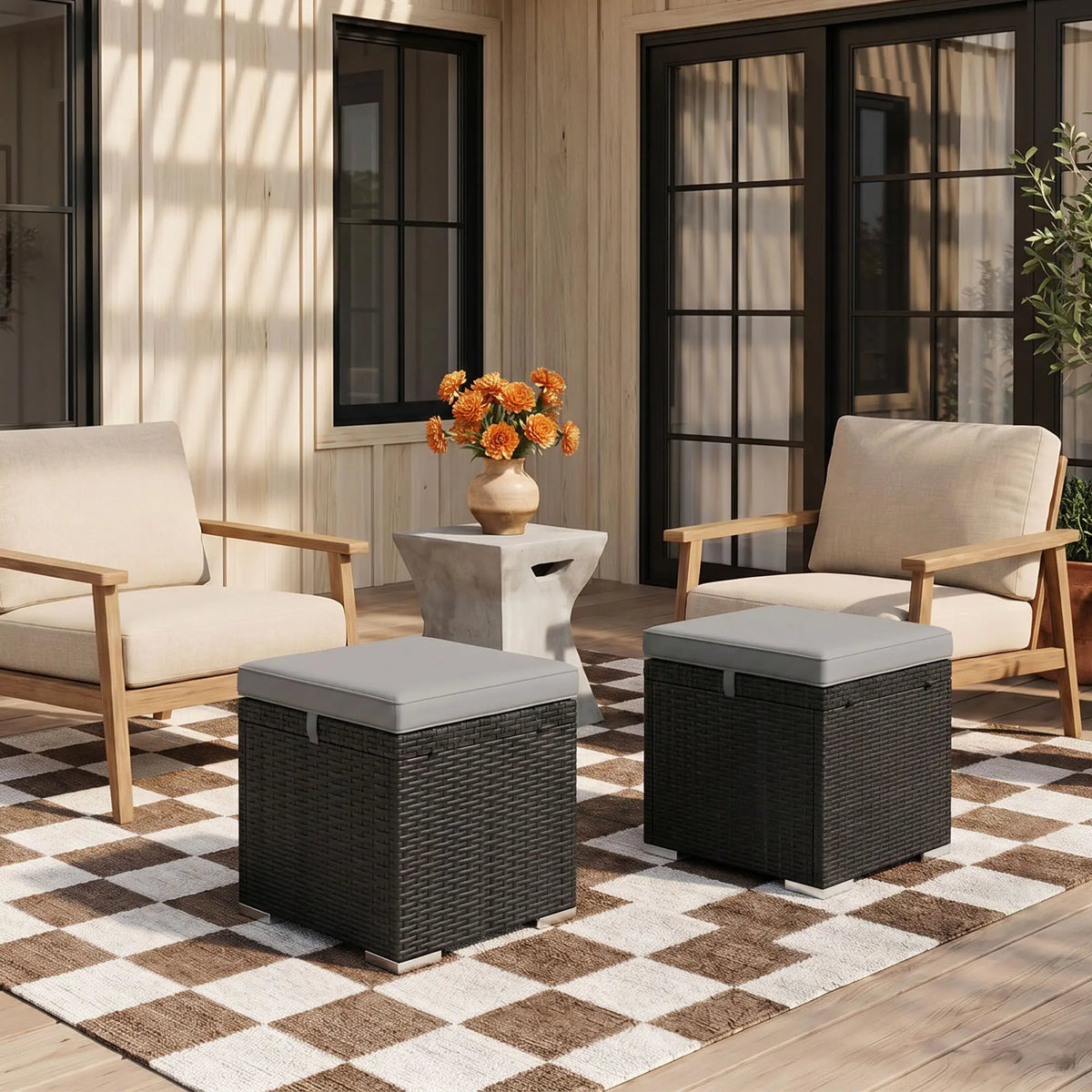 2 Wicker Outdoor Ottomans with Storage, Removable Cushion, Grey Patio Furniture Sets at Gallery Canada