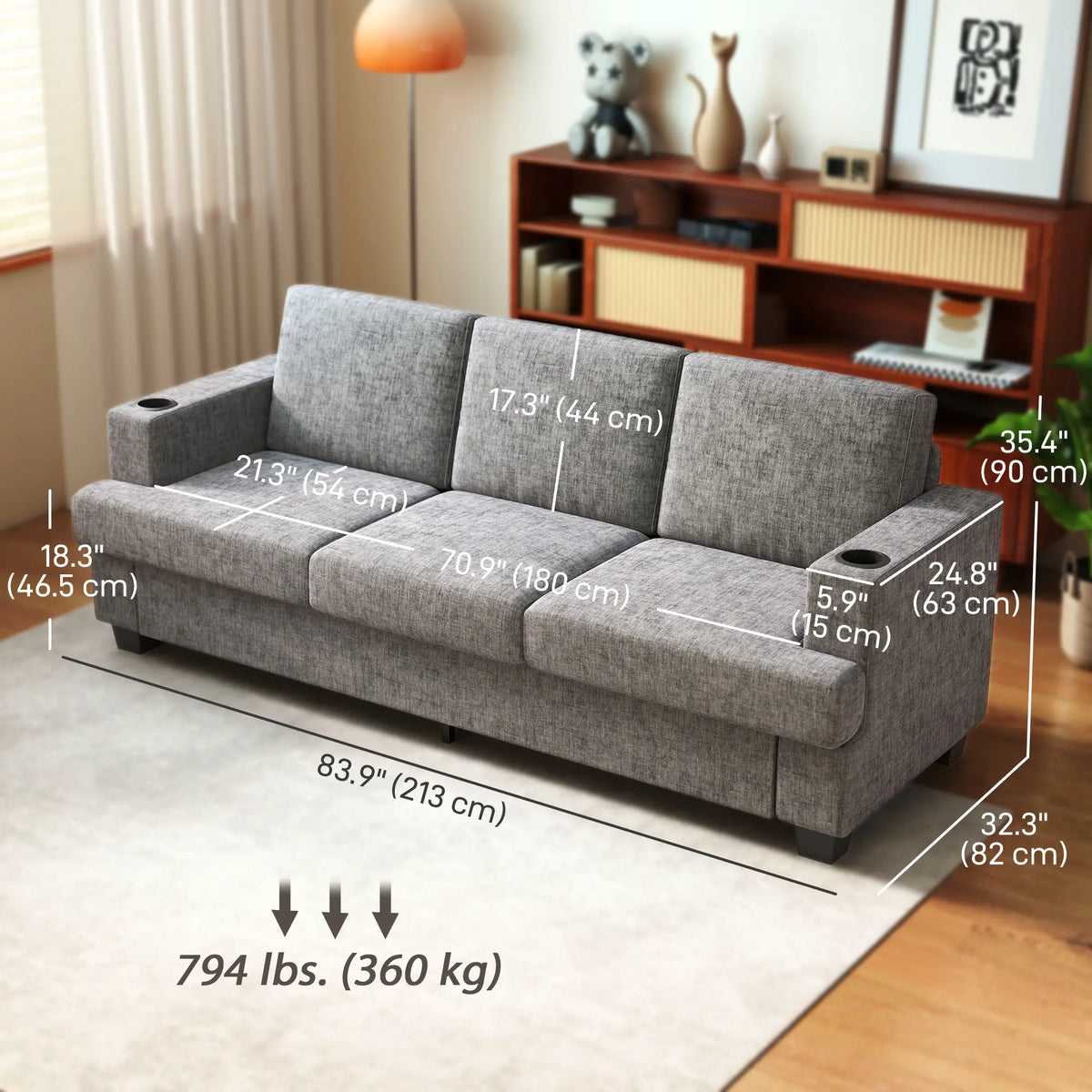 3 Seater Sofa with USB Ports, Cup Holders, Chenille Upholstery, Grey 3-Seater Sofas at Gallery Canada