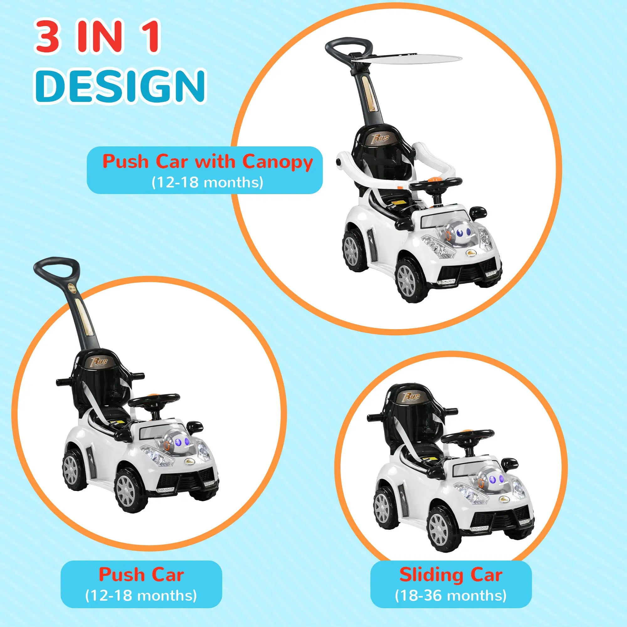 3 in 1 Kids Push Car, Foot to Floor Design, Music, Light, White Push Cars for Toddlers at Gallery Canada