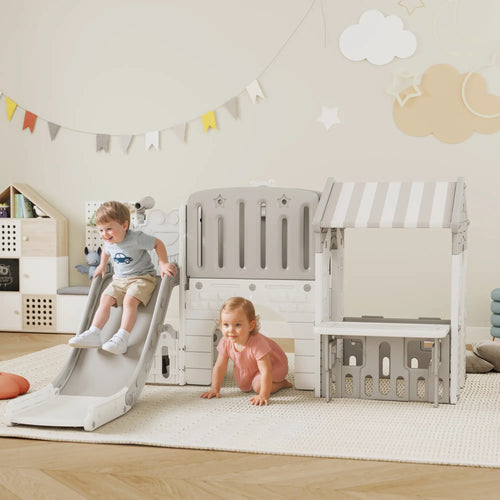 7-in-1 Toddler Slide Climber Playset with Playhouse, Basketball Hoop, Grey