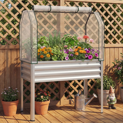 Galvanized Raised Garden Bed With Legs, Greenhouse Cover, Silver