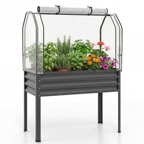 Galvanized Raised Garden Bed With Legs, Greenhouse Cover, Gray