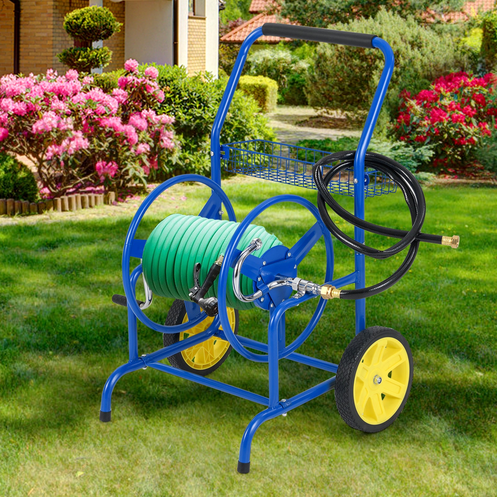 Garden Hose Reel Cart With 2 Wheels, Storage Basket, Blue Watering & Irrigation at Gallery Canada