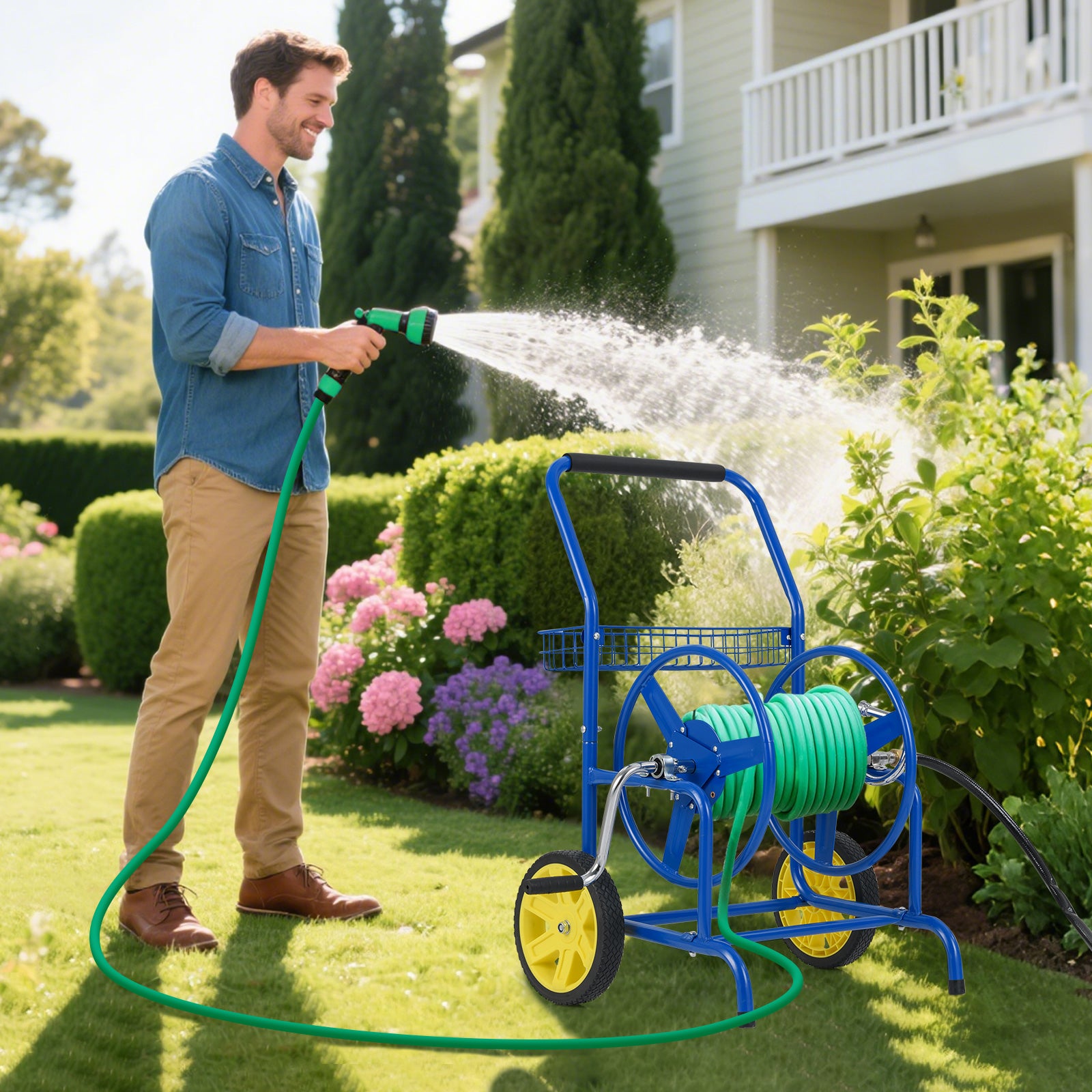 Garden Hose Reel Cart With 2 Wheels, Storage Basket, Blue Watering & Irrigation at Gallery Canada
