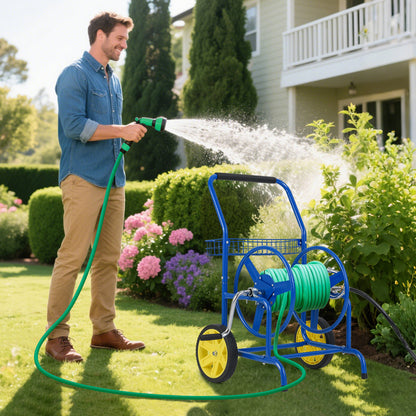 Garden Hose Reel Cart With 2 Wheels, Storage Basket, Blue Watering & Irrigation at Gallery Canada