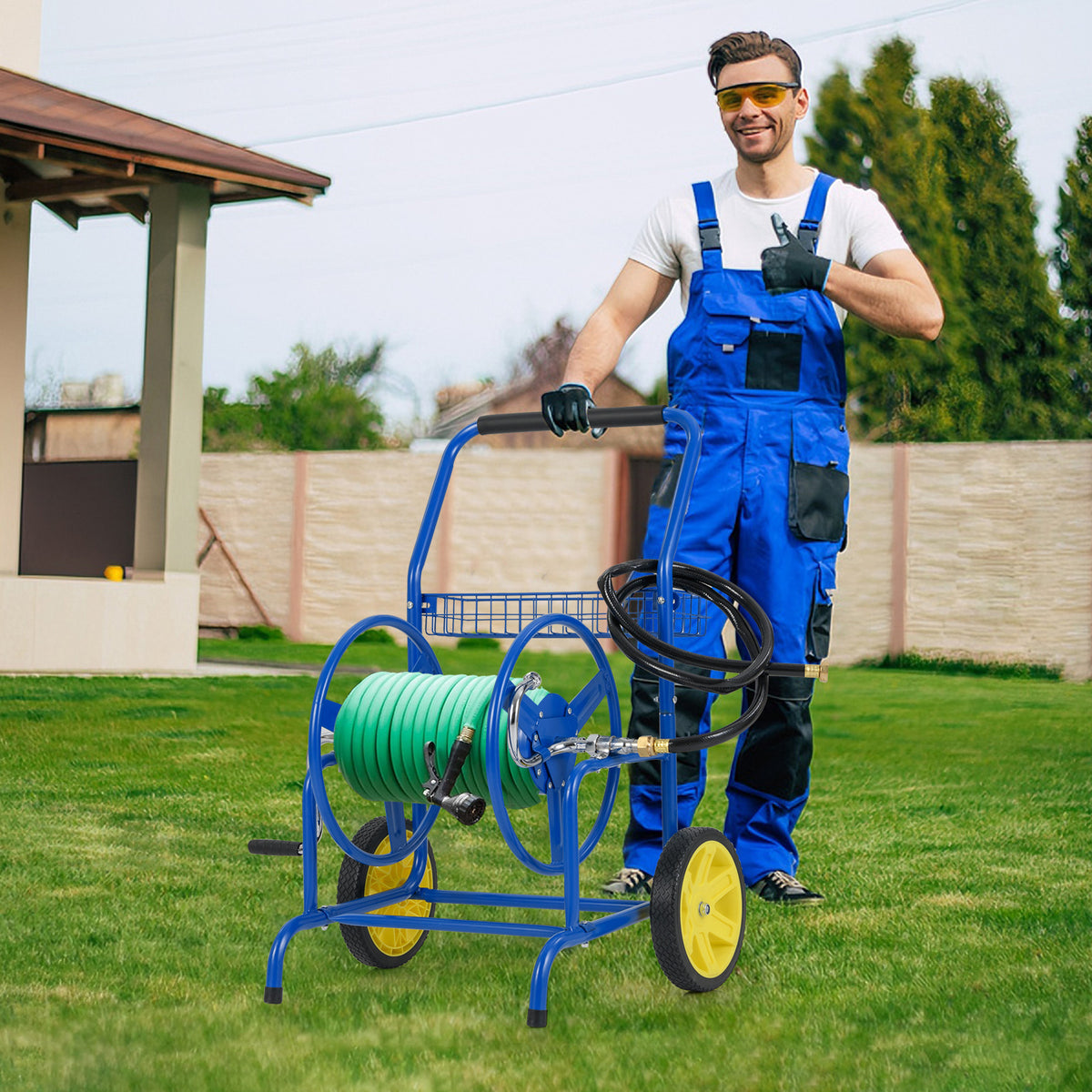 Garden Hose Reel Cart With 2 Wheels, Storage Basket, Blue Watering & Irrigation at Gallery Canada