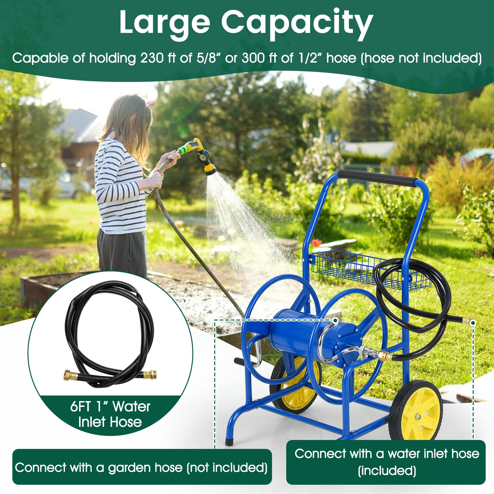 Garden Hose Reel Cart With 2 Wheels, Storage Basket, Blue Watering & Irrigation at Gallery Canada