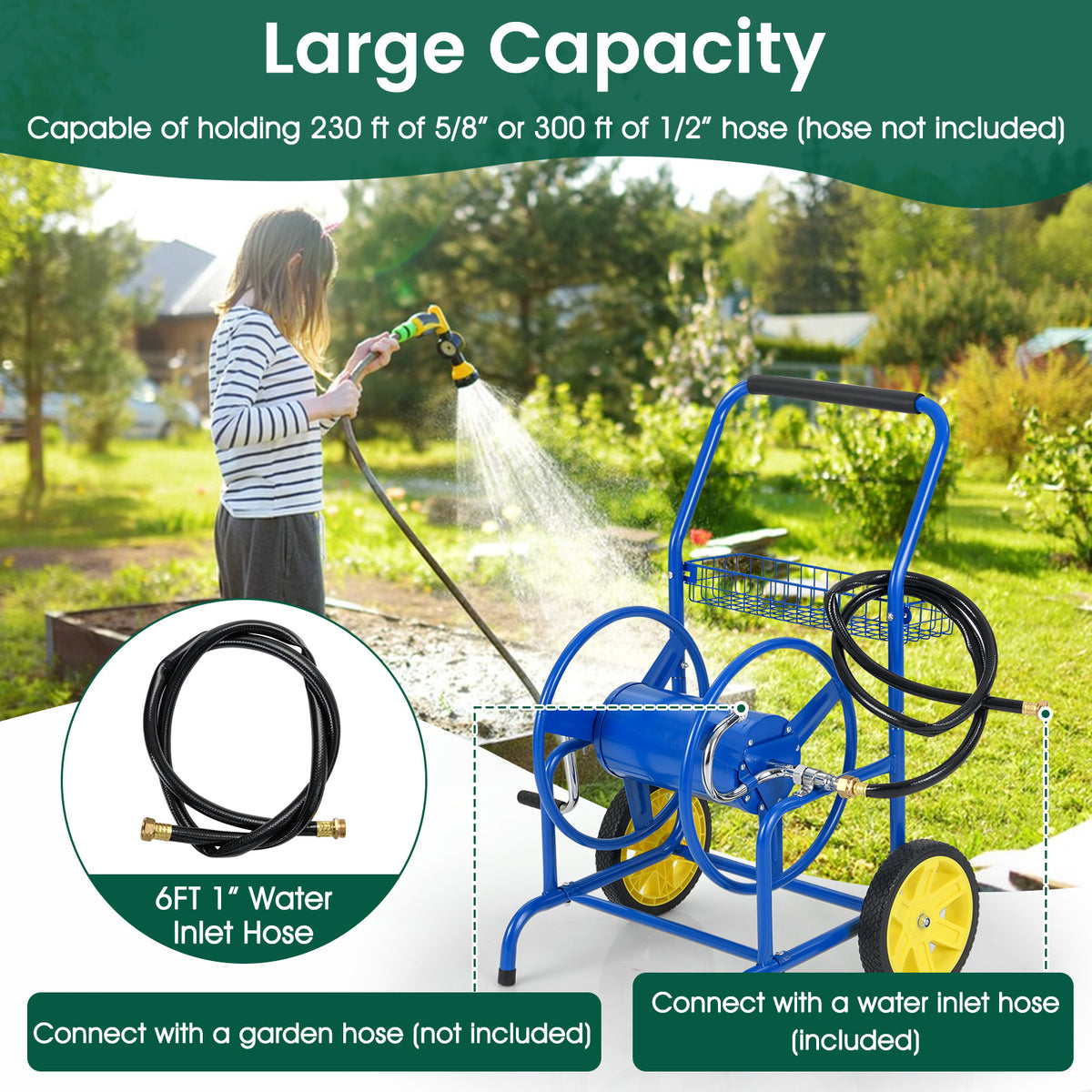 Garden Hose Reel Cart With 2 Wheels, Storage Basket, Blue Watering & Irrigation at Gallery Canada
