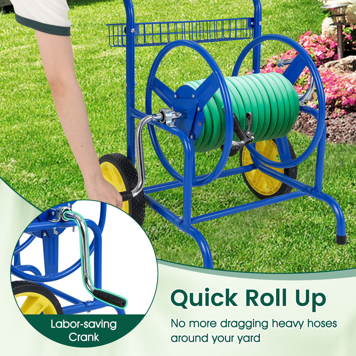 Garden Hose Reel Cart With 2 Wheels, Storage Basket, Blue Watering & Irrigation at Gallery Canada