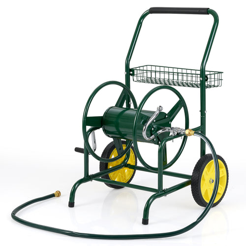 Garden Hose Reel Cart, 2 Wheels, Storage Basket, Green