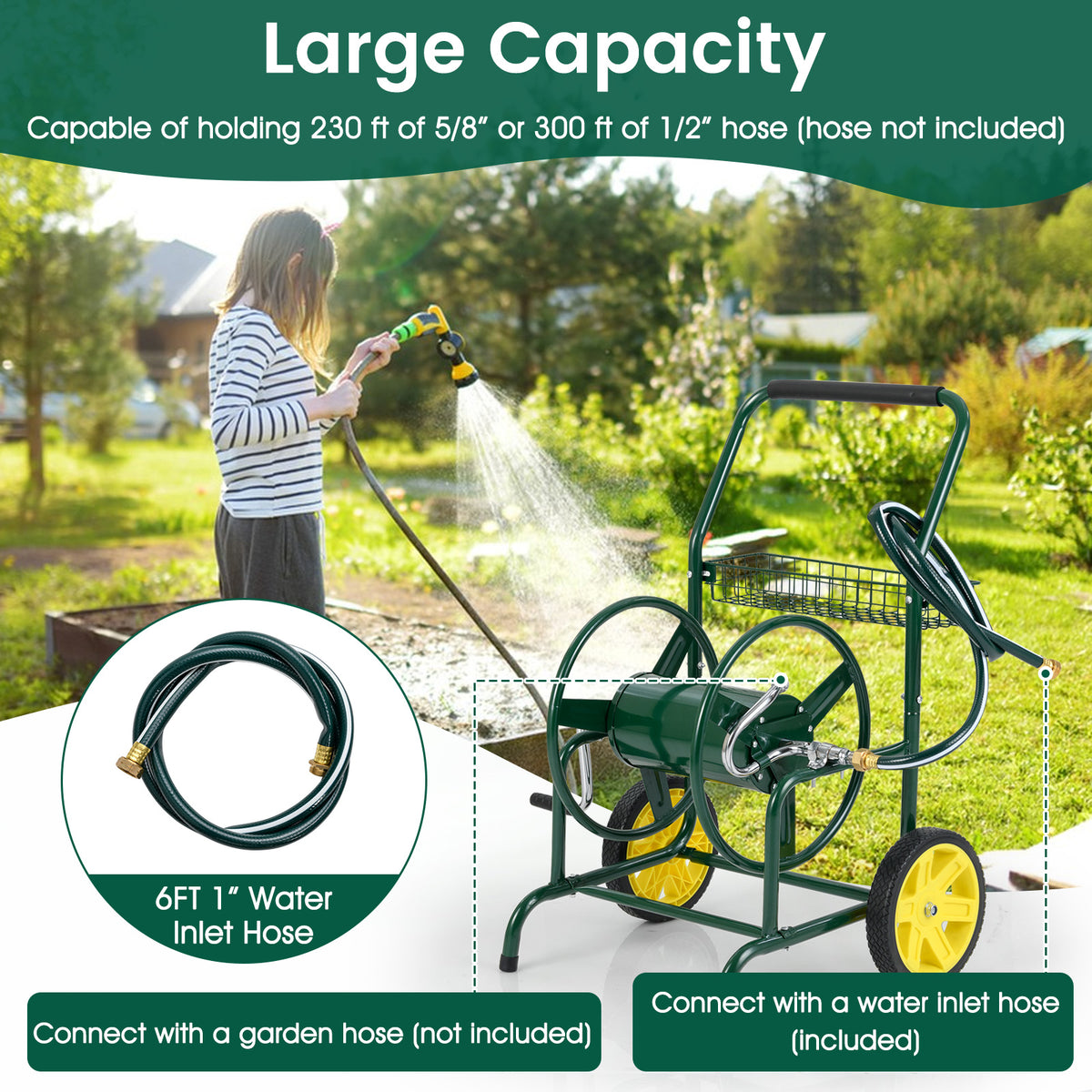 Garden Hose Reel Cart, 2 Wheels, Storage Basket, Green Watering & Irrigation at Gallery Canada