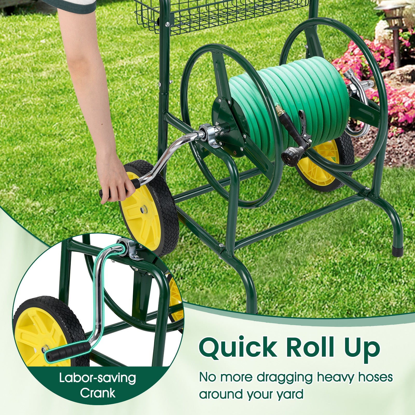Garden Hose Reel Cart, 2 Wheels, Storage Basket, Green Watering & Irrigation at Gallery Canada