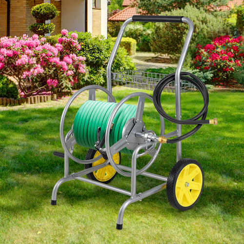 Garden Hose Reel Cart, 2 Wheels, Storage Basket, Silver