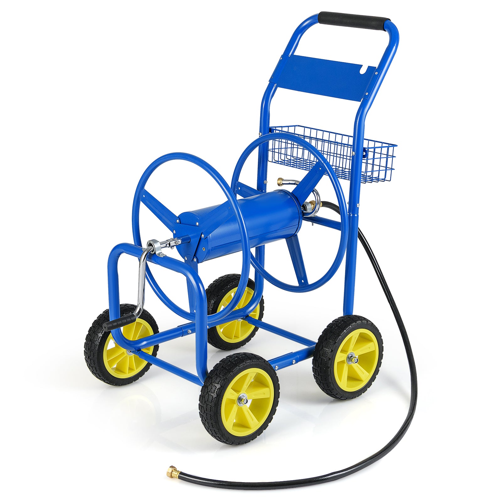 Metal Garden Hose Reel Cart, 4 Wheels, Storage Basket, Blue Watering & Irrigation at Gallery Canada