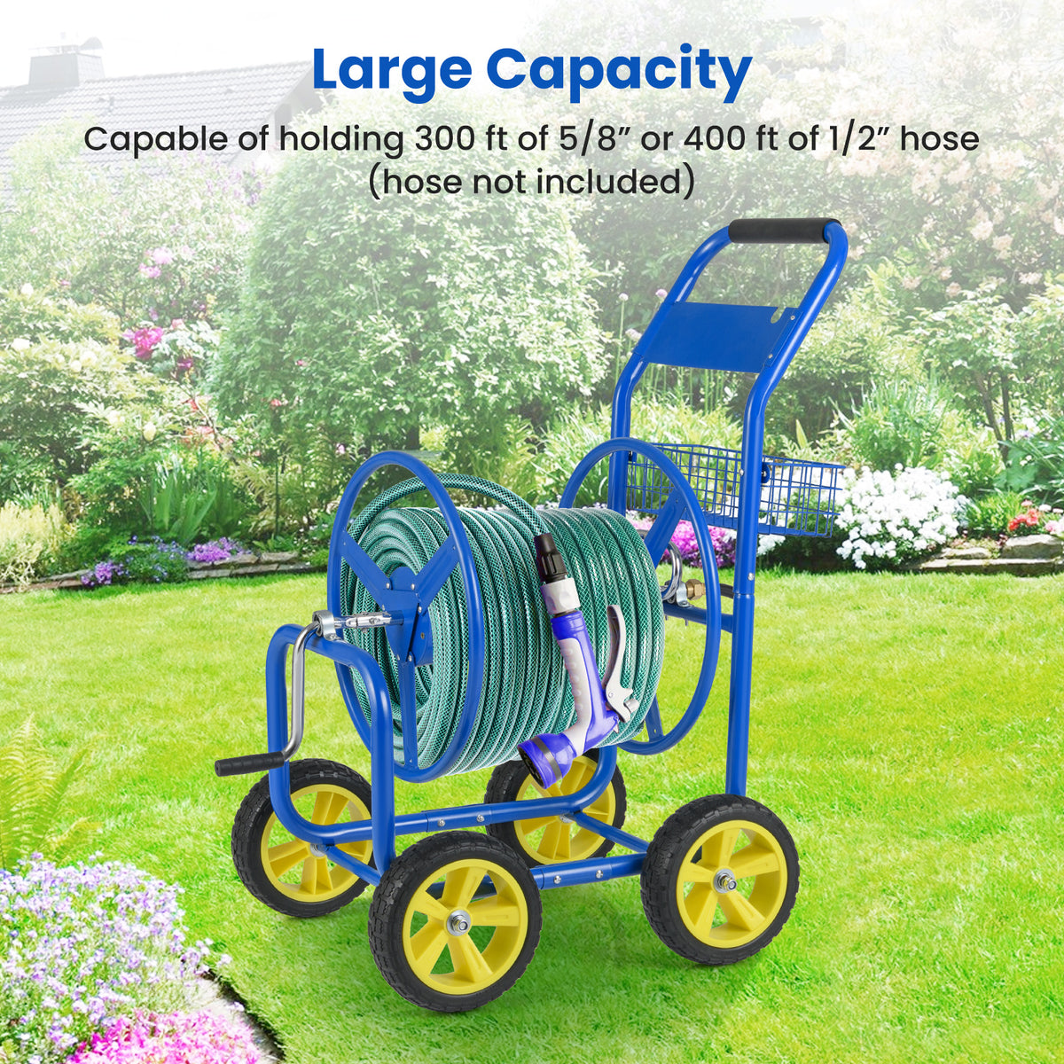 Metal Garden Hose Reel Cart, 4 Wheels, Storage Basket, Blue Watering & Irrigation at Gallery Canada