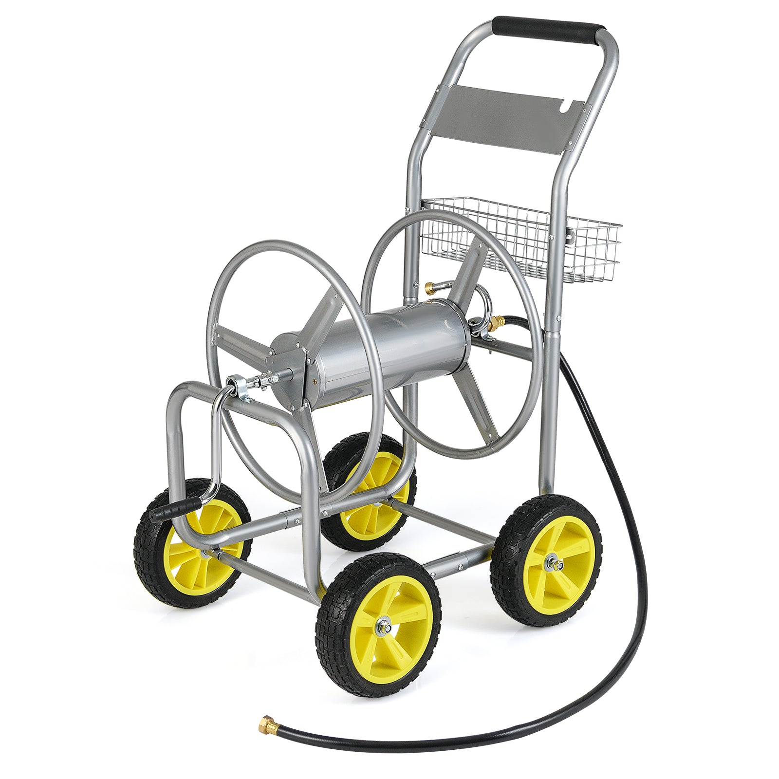 Metal Garden Hose Reel Cart, 4 Wheels, Storage Basket, Silver Watering & Irrigation Silver at Gallery Canada