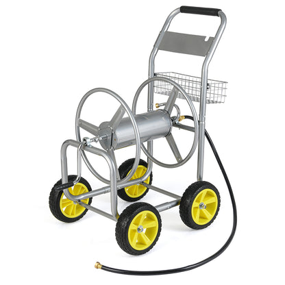 Metal Garden Hose Reel Cart, 4 Wheels, Storage Basket, Silver Watering & Irrigation Silver at Gallery Canada