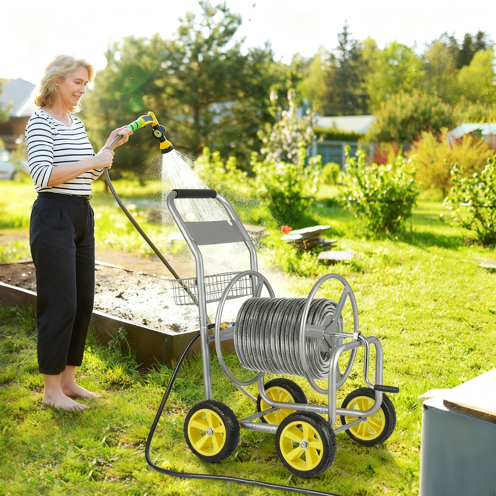 Metal Garden Hose Reel Cart, 4 Wheels, Storage Basket, Silver Watering & Irrigation at Gallery Canada