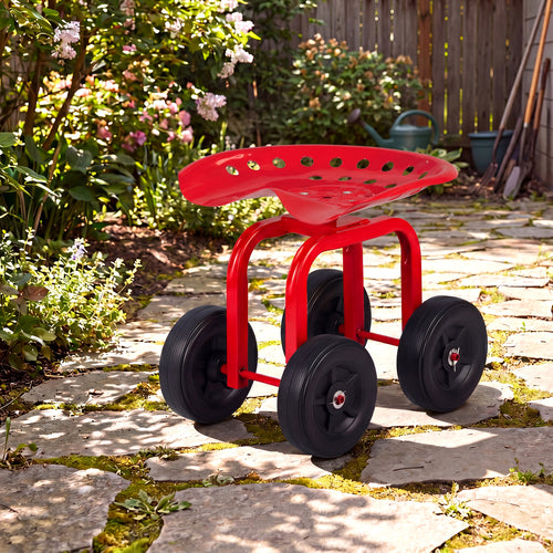 Garden Rolling Workseat, 360° Swivel, Adjustable Height, Red