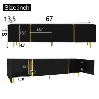 Modern TV Stand, 4 Doors, Soft-Close Hinges, 67" L x 13.5" W x 18" H, Black TV Stands at Gallery Canada
