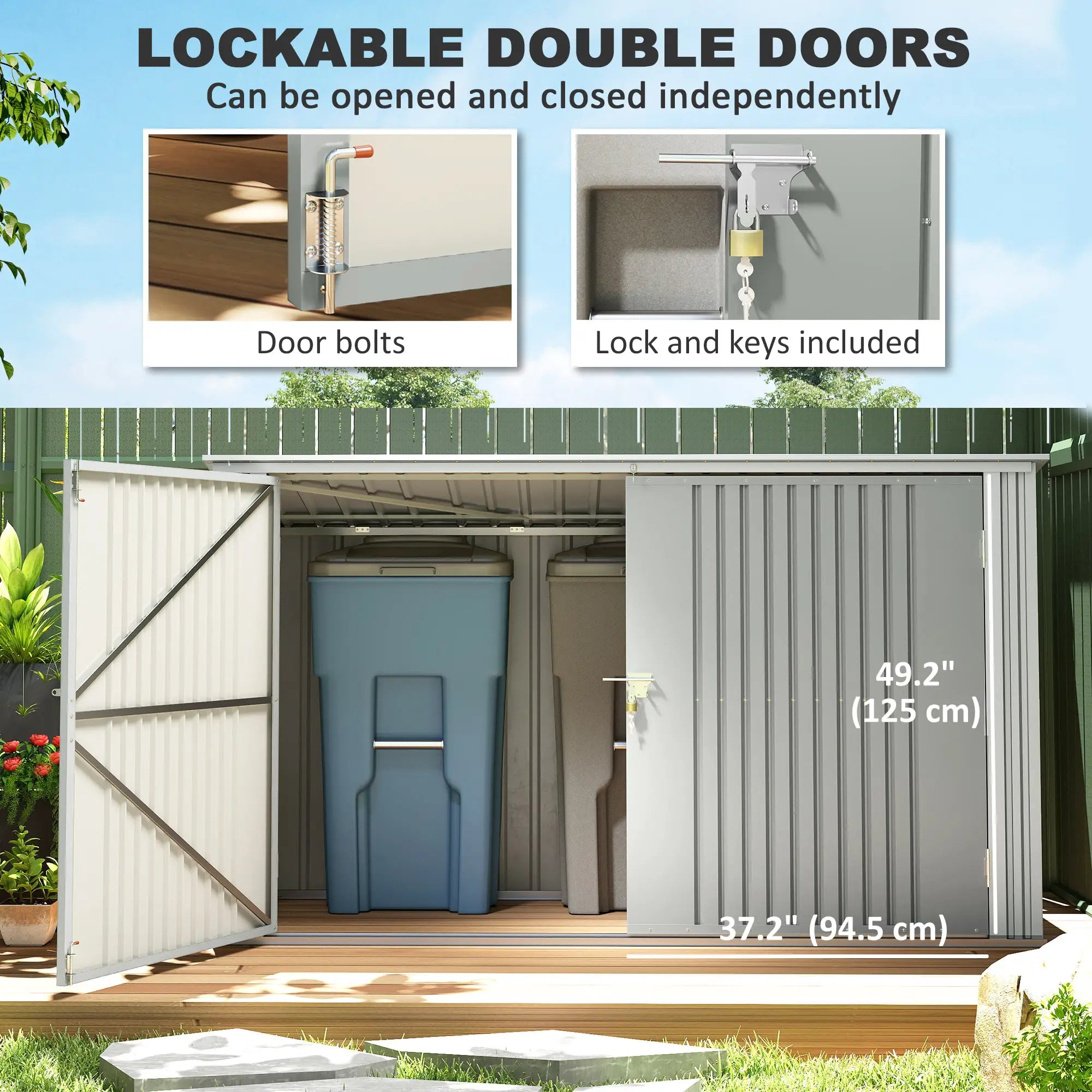 7.6 x 3.4ft Storage Shed, 3 Bin Organizer, Lockable Doors, Silver Grey Sheds at Gallery Canada