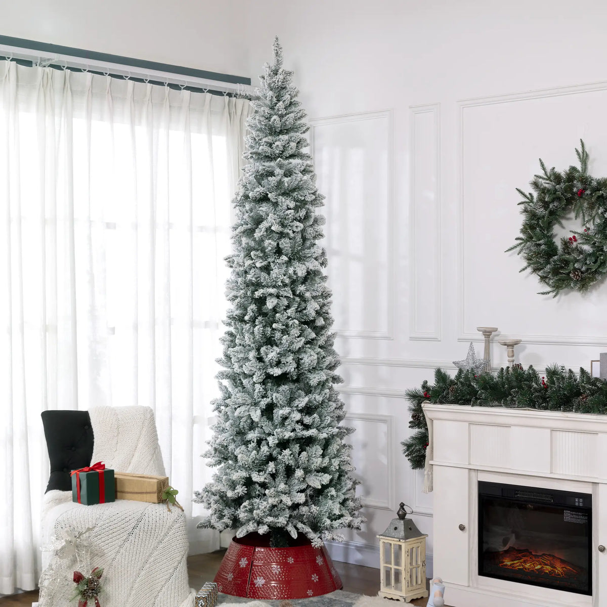 9ft Flocked Pencil Christmas Tree, 1277 Branch Tips, Metal Base Pencil Christmas Trees at Gallery Canada