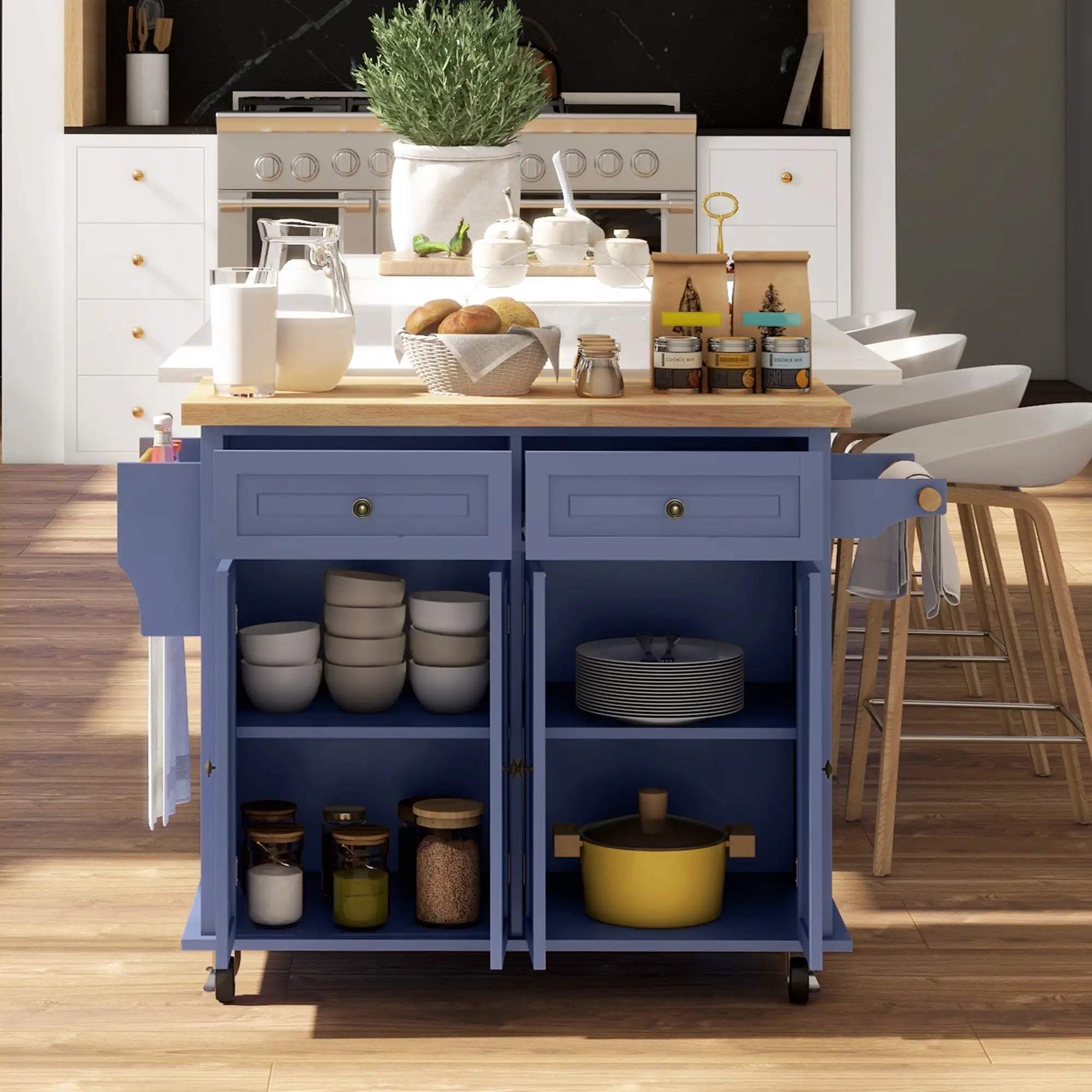Kitchen Island with Storage, Rolling Cart, Rubber Wood Top, Navy Blue Kitchen Islands & Kitchen Carts at Gallery Canada