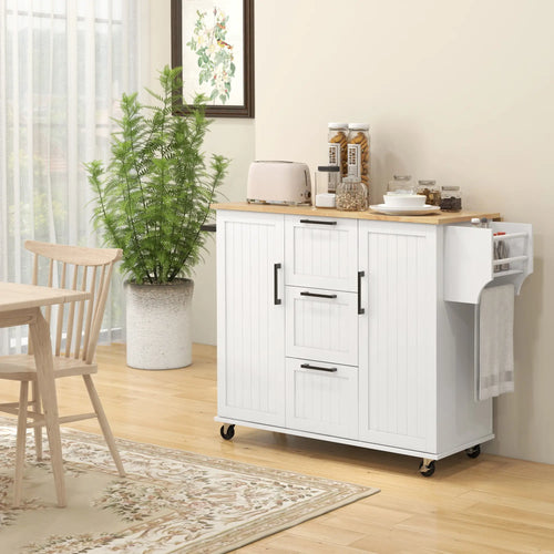 Rolling Kitchen Cart, Drop Leaf, 3 Drawers, Solid Wood Top, Towel Rack, White