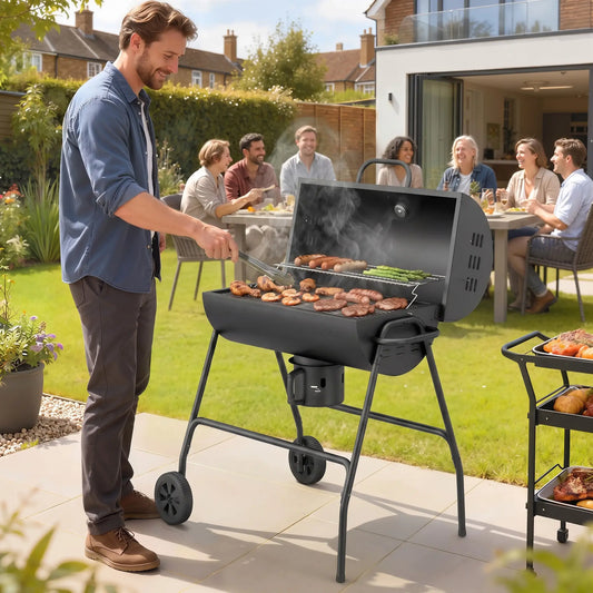 Charcoal BBQ Smoker, 420 sq.in. Cooking Area, Wheels, Ash Catcher, Black