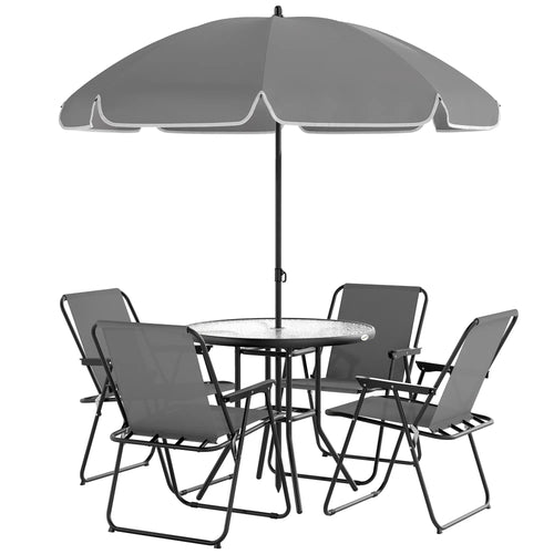 6-Piece Patio Dining Set, Umbrella, Folding Chairs, Glass Table, Grey