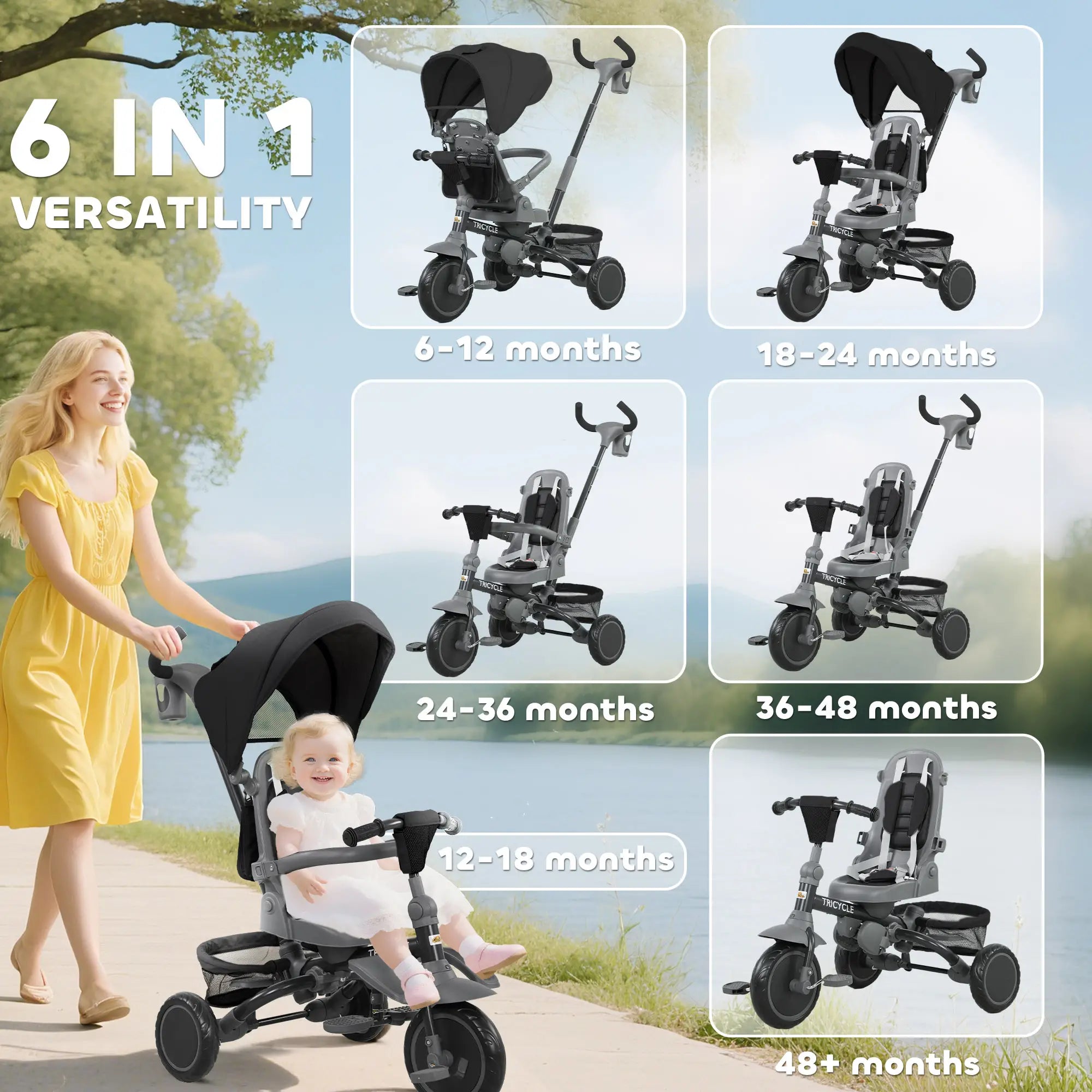 6 in 1 Toddler Tricycle, Push Handle, Removable Canopy, Rotatable Seat, Black Tricycles for Kids at Gallery Canada