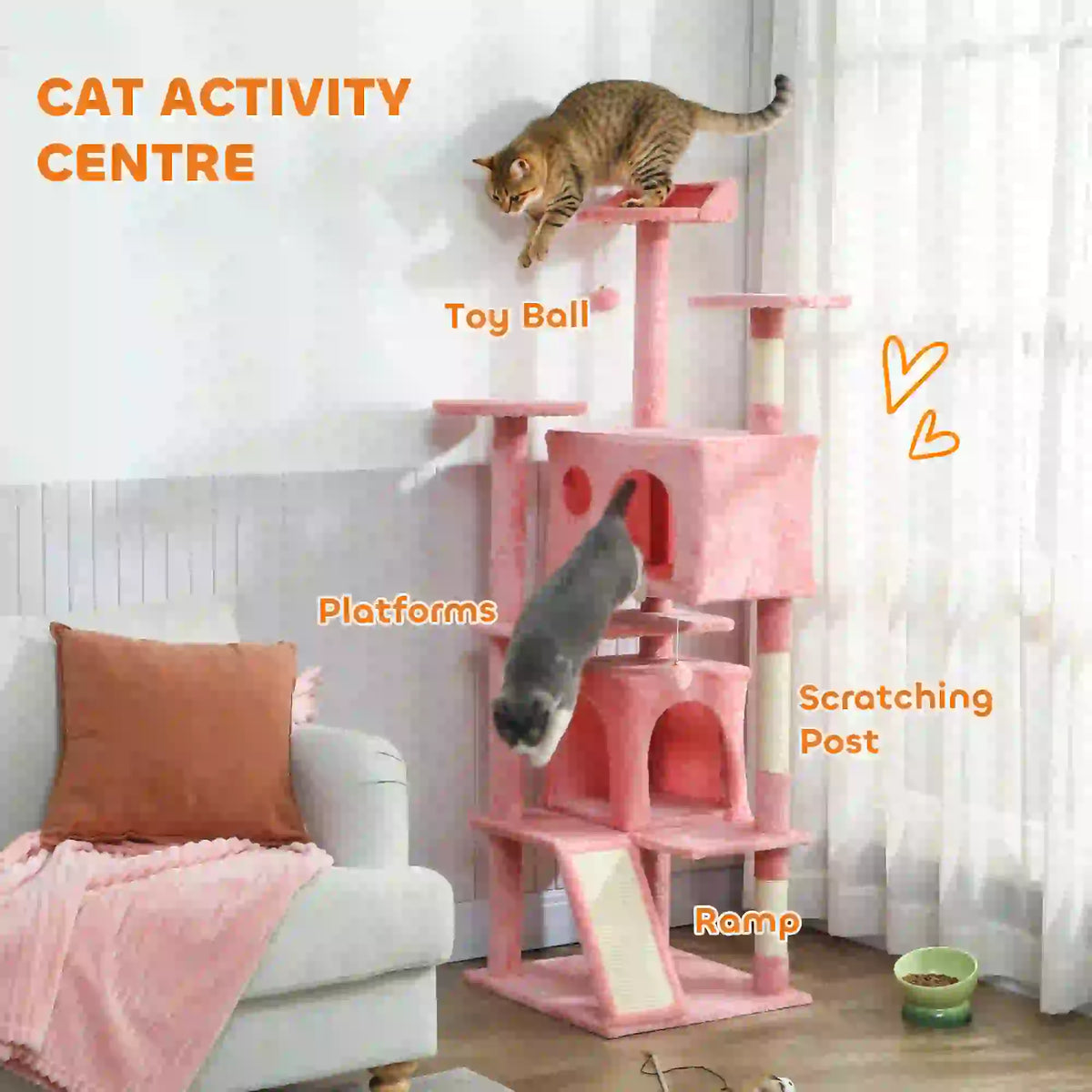 63" Cat Tree, Multi-Level Tower With Scratching Posts, Condos, Bed, Pink Multi-Level Cat Towers at Gallery Canada