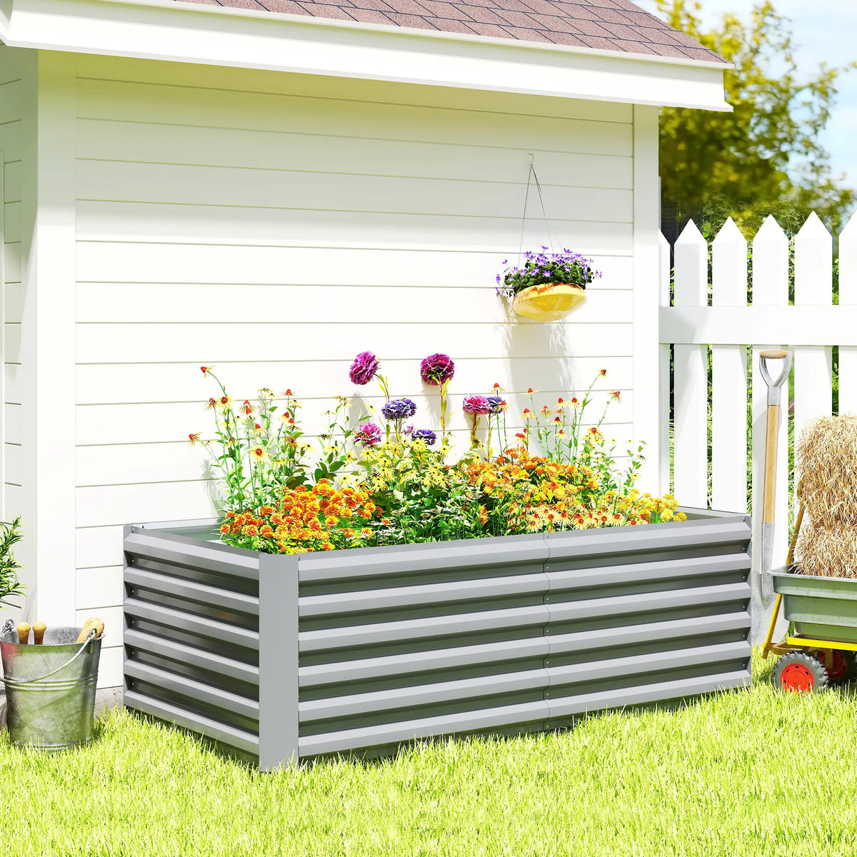 6' x 3' x 2' Raised Garden Bed, Galvanized Planter Box, Light Grey
