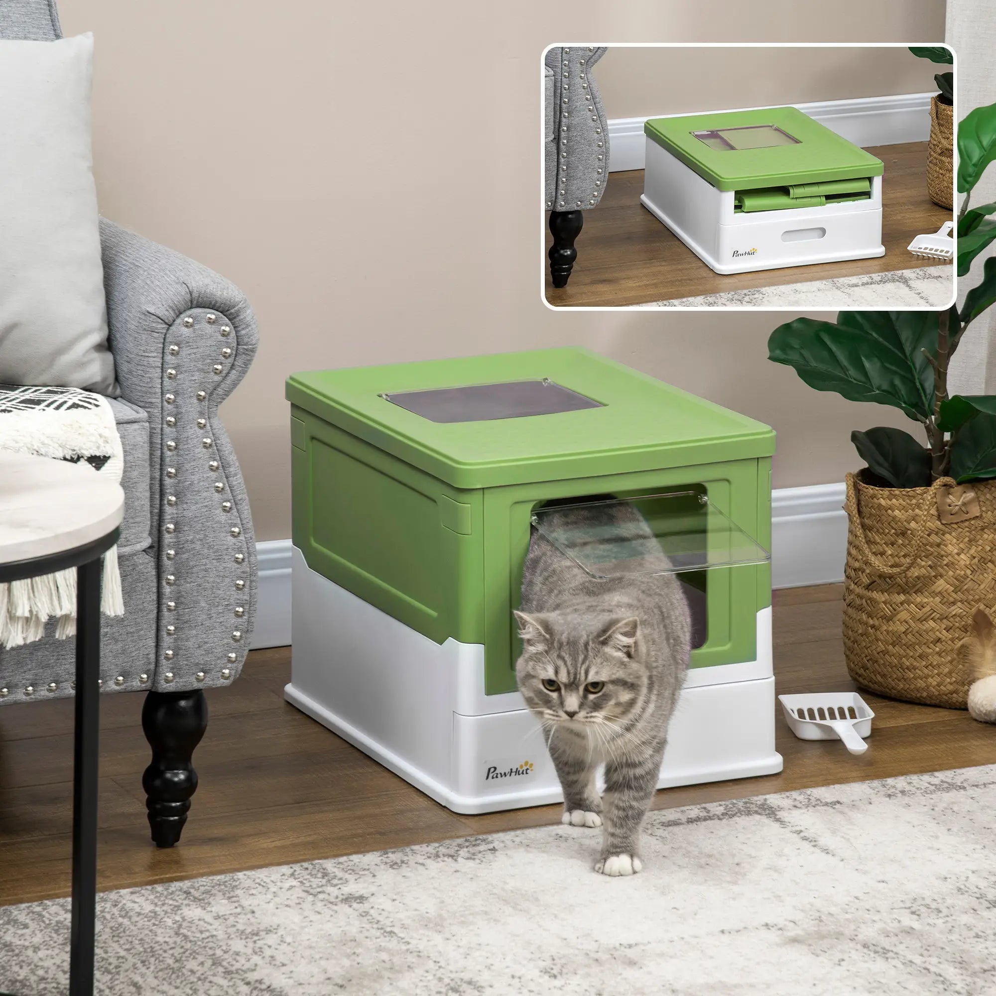 Top Entry Enclosed Kitty Litter Box, Scoop, Tray, Large, Foldable, Dark Green Cat Litter Box Enclosures at Gallery Canada