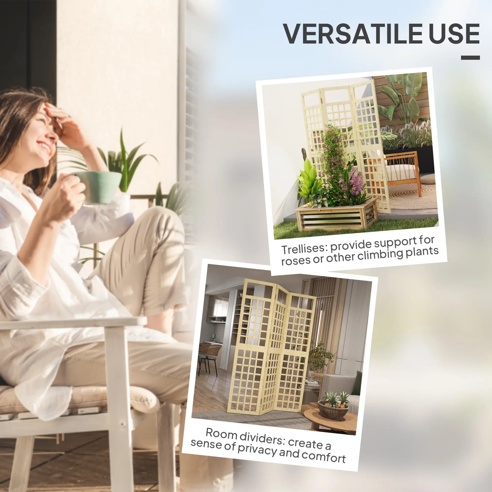 3 Panel Outdoor Wood Privacy Screen, Folding Room Divider, 47.2