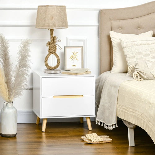 Nightstand, 2 Drawers, Pine Wood Legs, Bedside Table, White