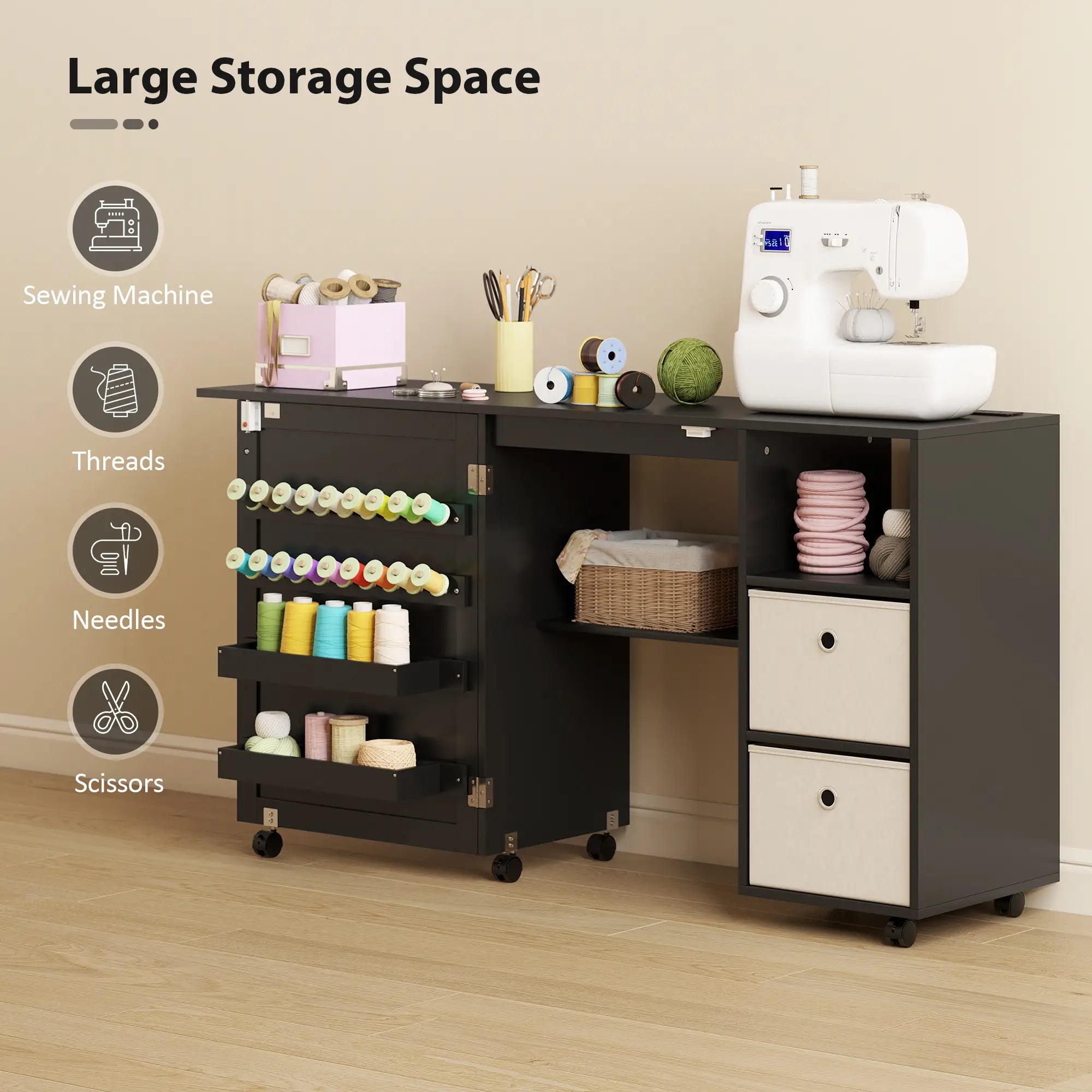 Rolling Sewing Machine Table, Folding Craft Table with Drawers, Bins, Pegs, Black Sewing Cabinets at Gallery Canada