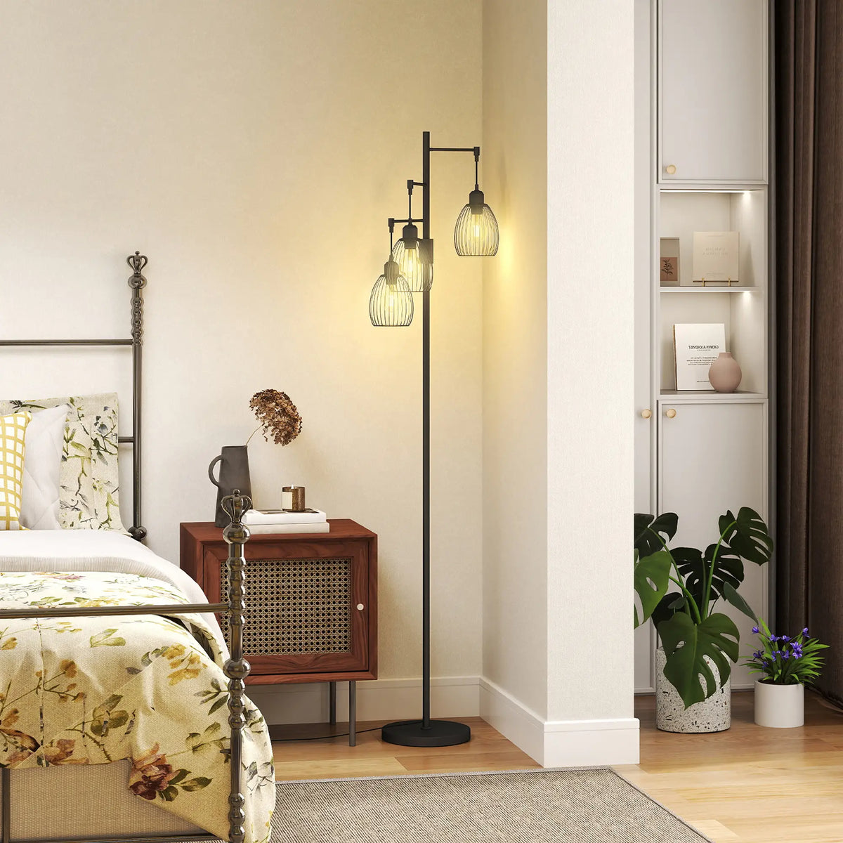 Industrial Floor Lamp, 3 Hanging Wire Lampshades, Dimmable, Black Floor Lamps & Ceiling Fan Lights at Gallery Canada