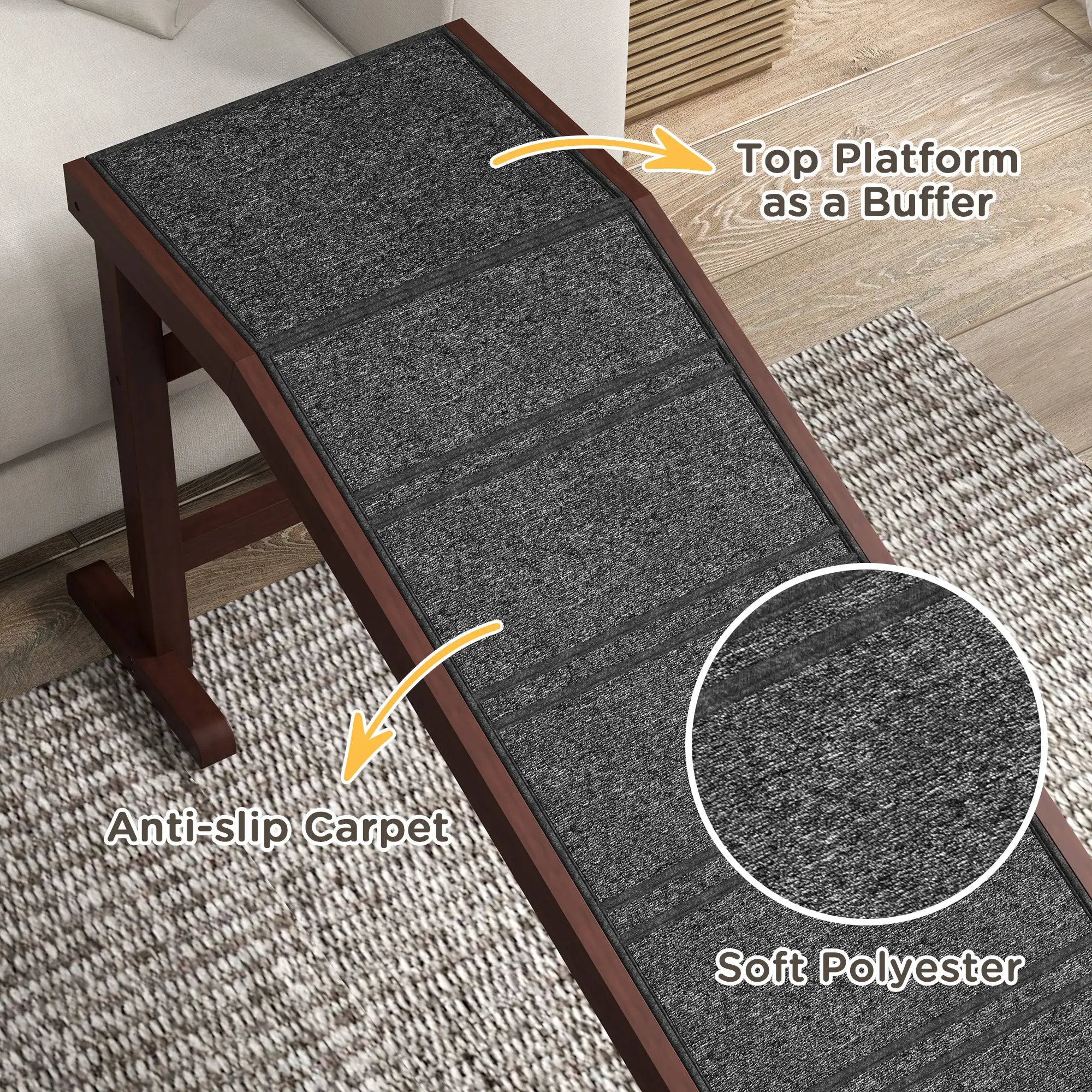 Pet Ramp Bed Steps, Non-Slip Carpet Top, Pine Wood, 74