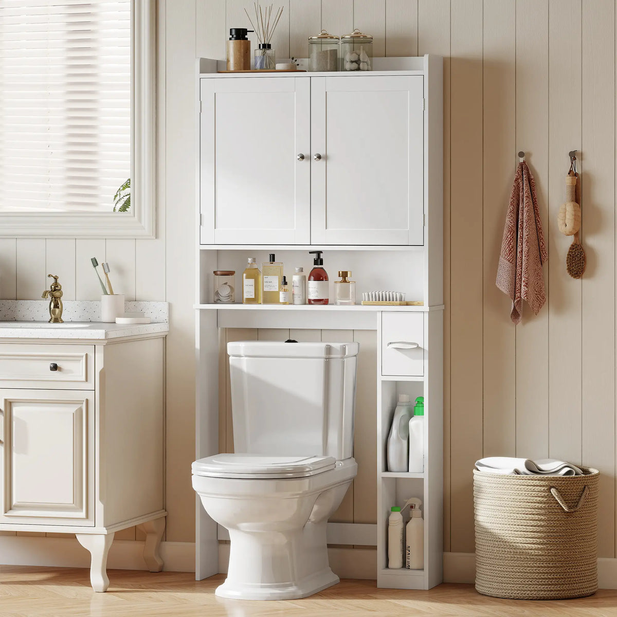 Over Toilet Storage Cabinet, 2 Doors, Toilet Paper Holder, White Bathroom Cabinets at Gallery Canada