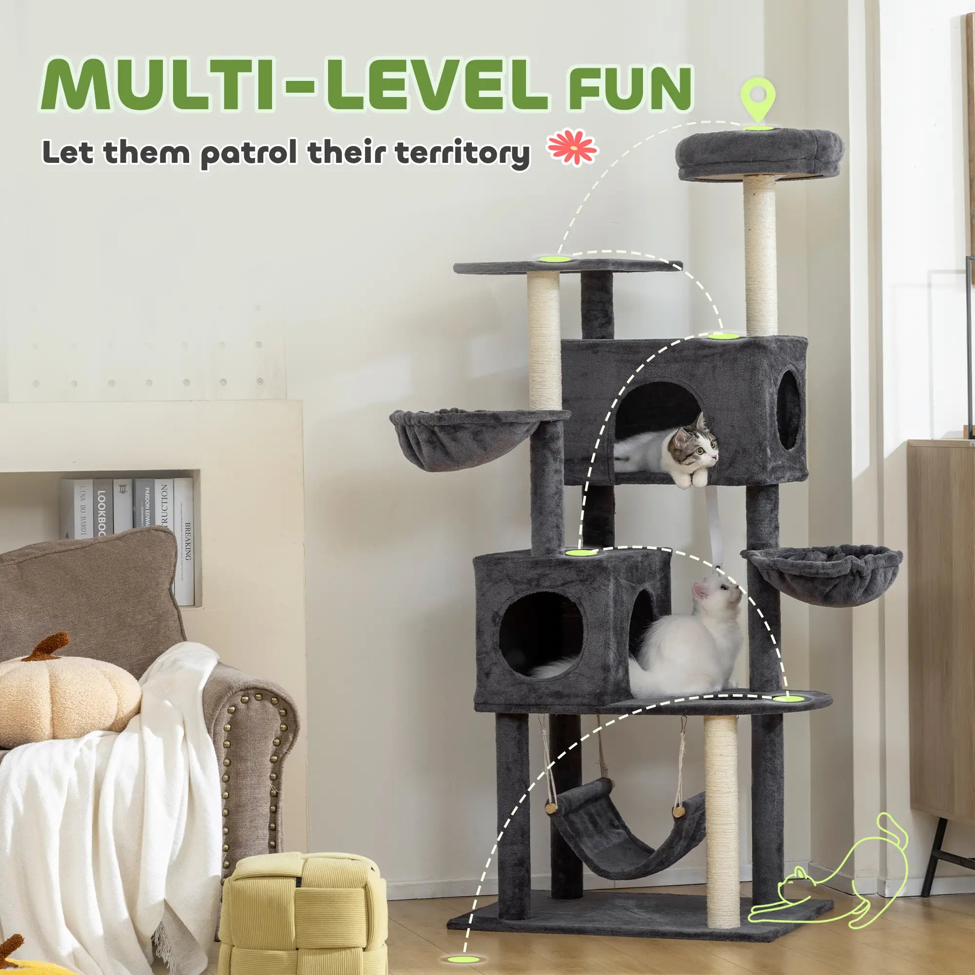 66 Inch Large Cat Tree, 2 Door Condos, 3 Hammocks, Plush Perch, Sisal Posts, Dark Grey Cat Trees at Gallery Canada