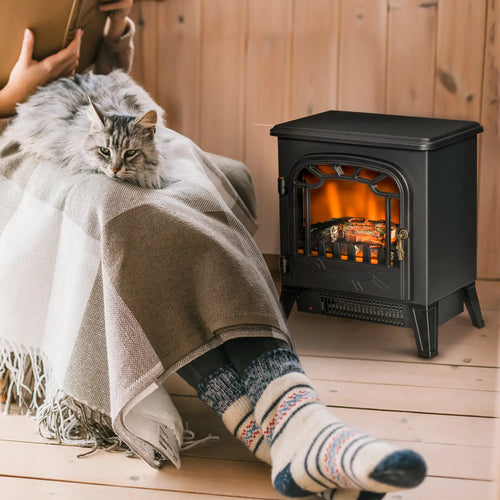 Freestanding Electric Fireplace Stove Heater, Realistic Flame, Overheat Protection, 750W/1500W, Black