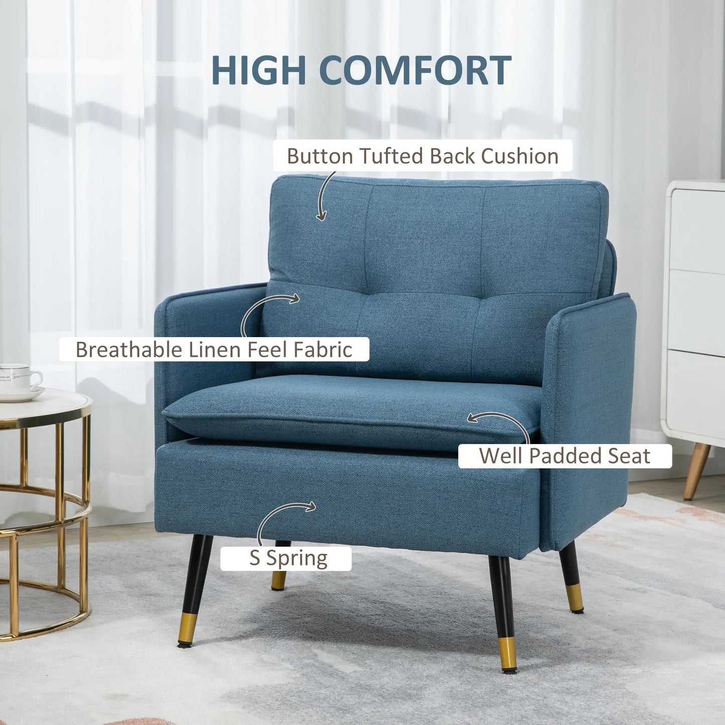 Modern Armchair, Upholstered Accent Chair, Tufted Back, Steel Legs, Blue Accent Chairs at Gallery Canada