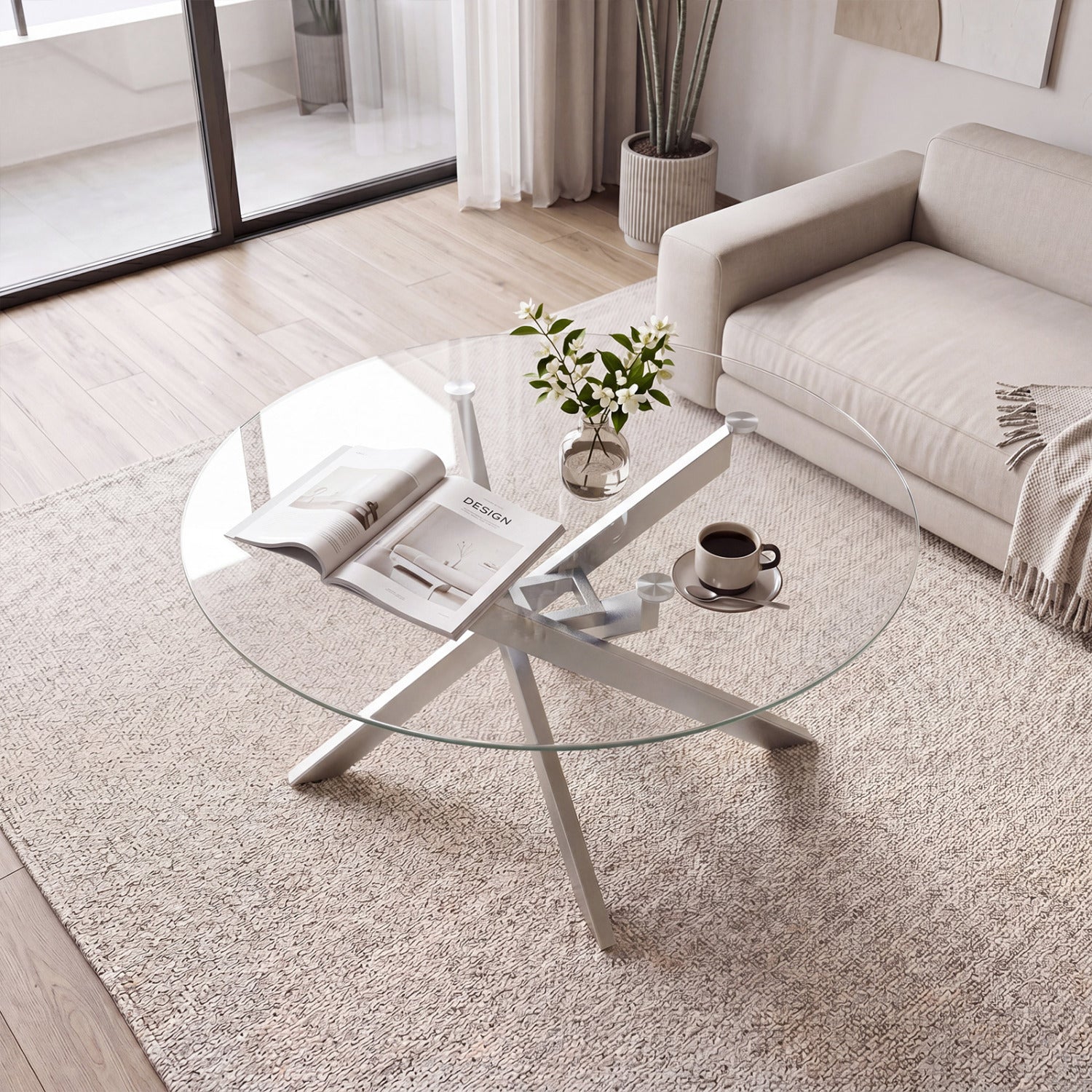 Round Glass Coffee Table, Tempered Glass Top, Silver Coffee Tables at Gallery Canada