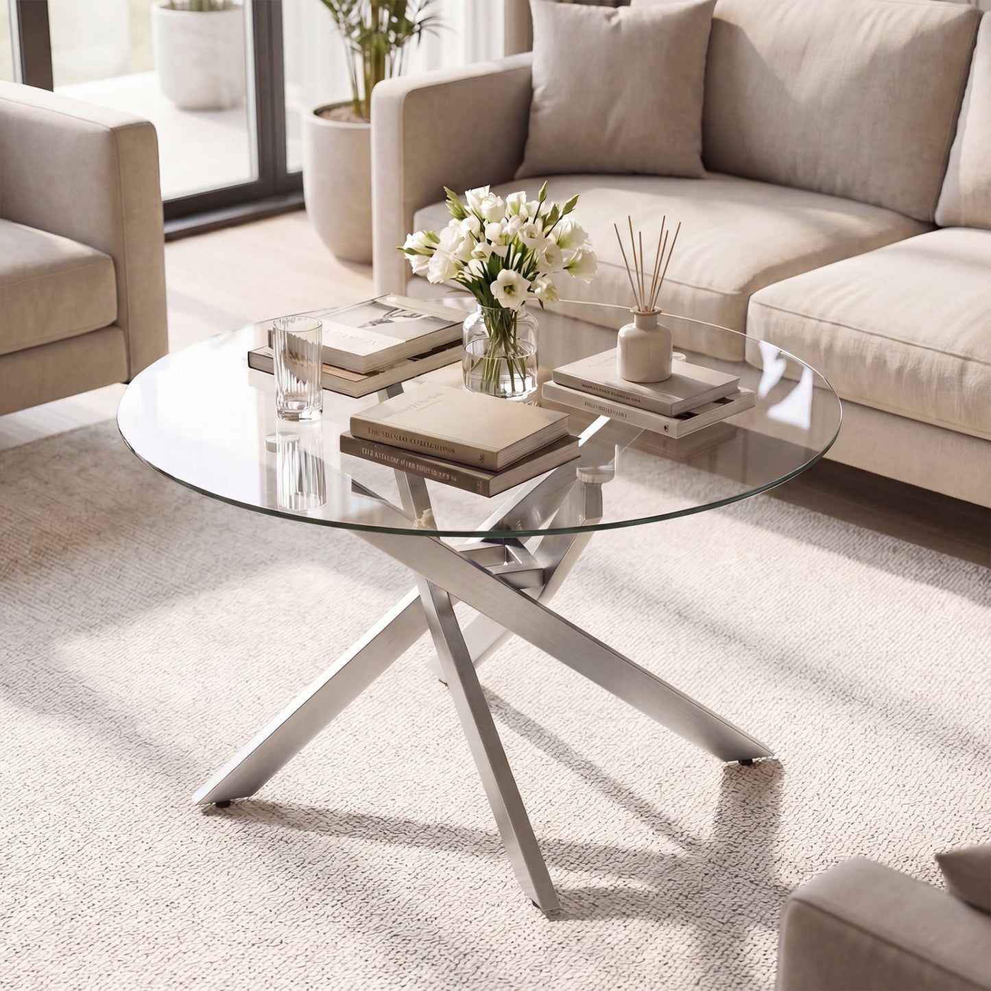 Round Glass Coffee Table, Tempered Glass Top, Silver Coffee Tables at Gallery Canada