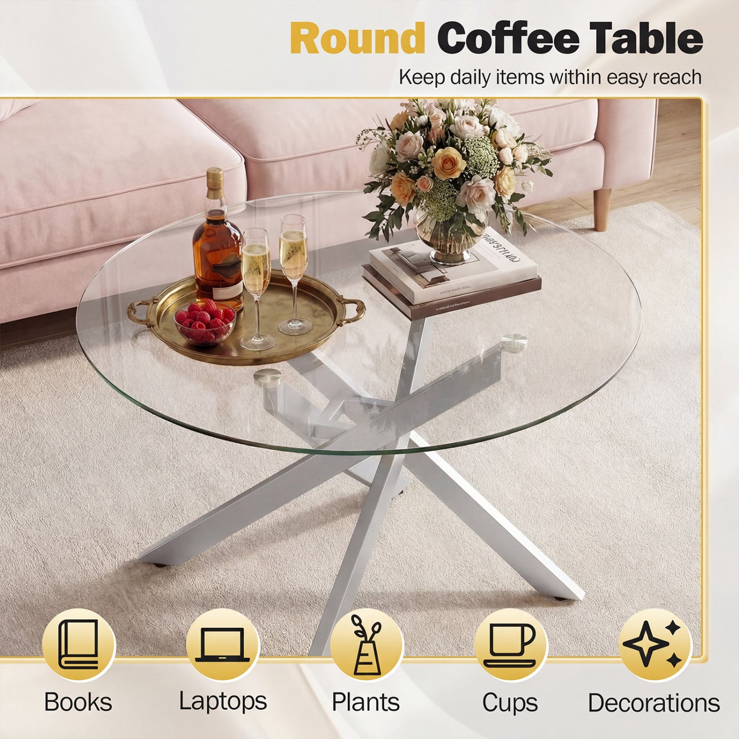 Round Glass Coffee Table, Tempered Glass Top, Silver Coffee Tables at Gallery Canada